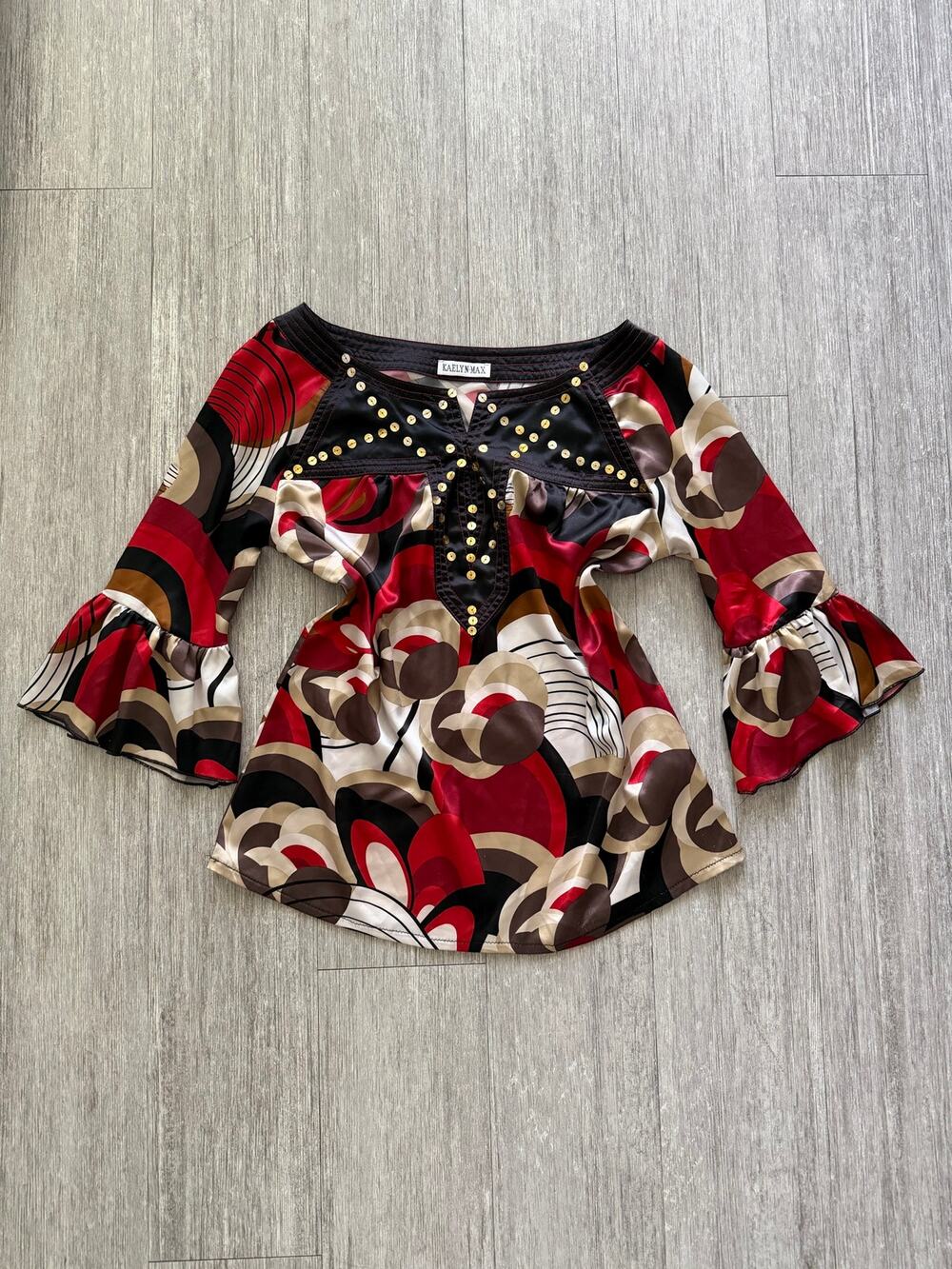 Vintage Y2k Kaelyn Max Geometric Print Blouse With Sequin Studded Neckline